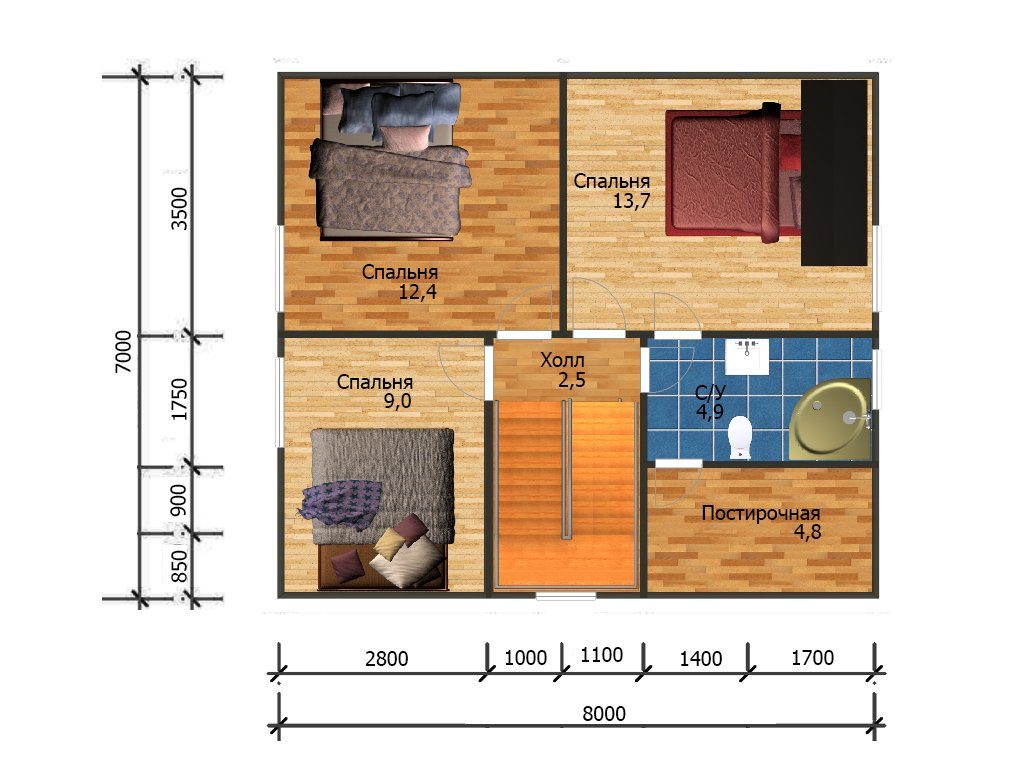Планировка дома 8х8 одноэтажный 2 спальни